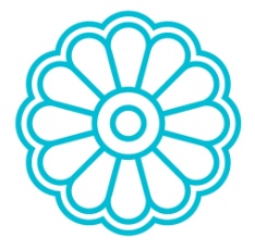 A simple blue floral emblem with symmetrical petals.